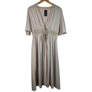 NWT Ekouaer Women's Size M Taupe Crochet Trim Midi Tie Waist Dress